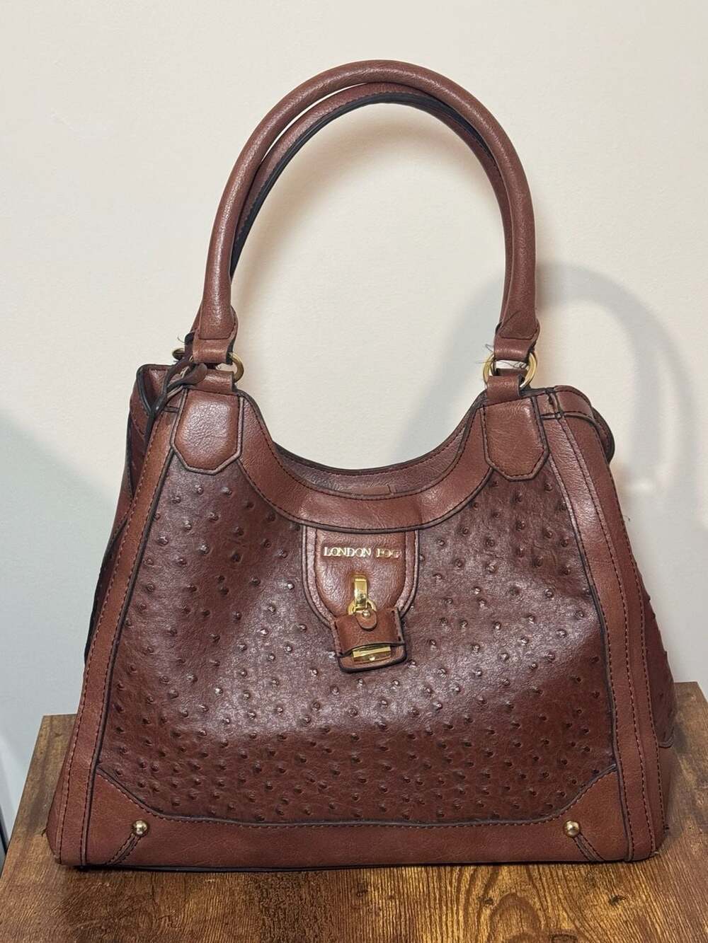 London Fog Brown Ostrich Embossed Faux Leather Satchel Shoulder Bag